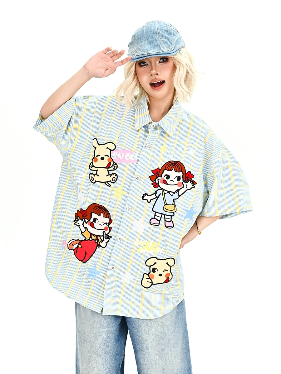 

Новая летняя женская свободная рубашка в клетку в стиле BF с коротким рукавом, милая, в японском ретро-стиле, повседневный топ, удобная уличная мода