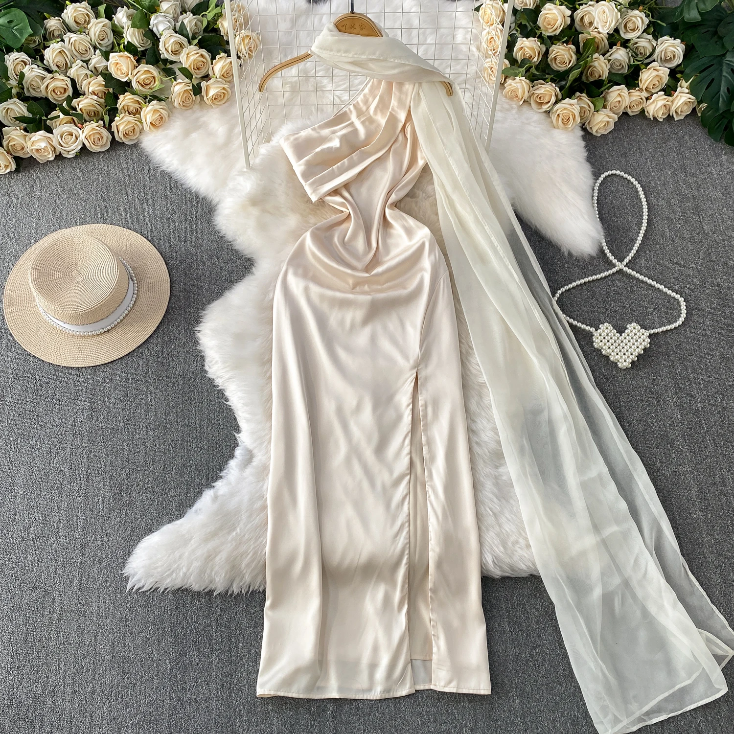 

Chic Diagonal collar satin High Waist Evening Party Long dress Women High Street ceremony dresses