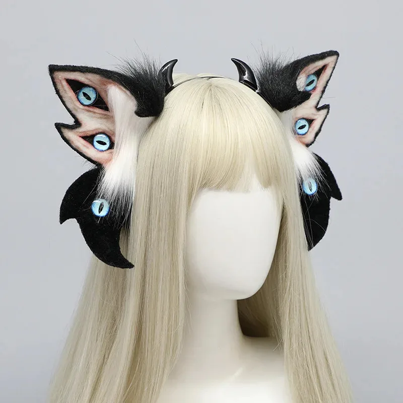 New Arrival Halloween Devil Ears Headdress Comic-con Costume Simulation Animal Eyes Plush Ears Hairband Black Hair Accessories