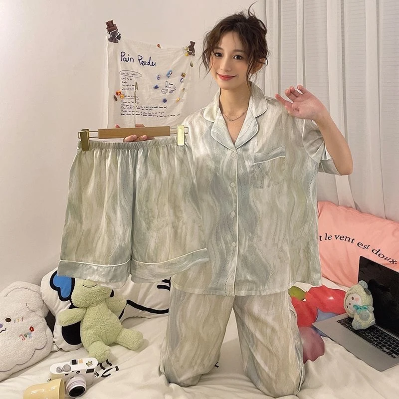 3 Pieces Set Night Wears for Women Summer New Short Sleeve Casual Striped Faux Silk Pijamas Set for Women Luxury Pyjamas Set