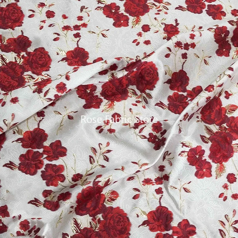 1 meter Golden Silk Embossed Rose Yarn Dyed Jacquard Fabric Retro Dress Bag Decorative Sewing Fabric