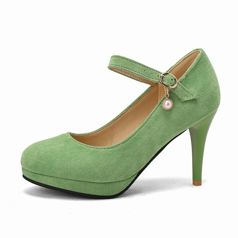 Faux Suede Leather Flock Green Yellow Heels Ladies Office Pumps Extra Big Size 49 50 Spike High Heels Stiletto Mary Janes Shoes