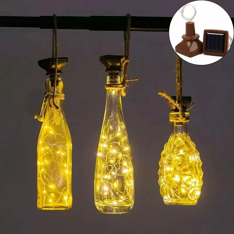 Solar Powered Wine Bottle Lights, Waterproof Copper Wire Cork Shaped LED String Lights for Wedding Party Christmas