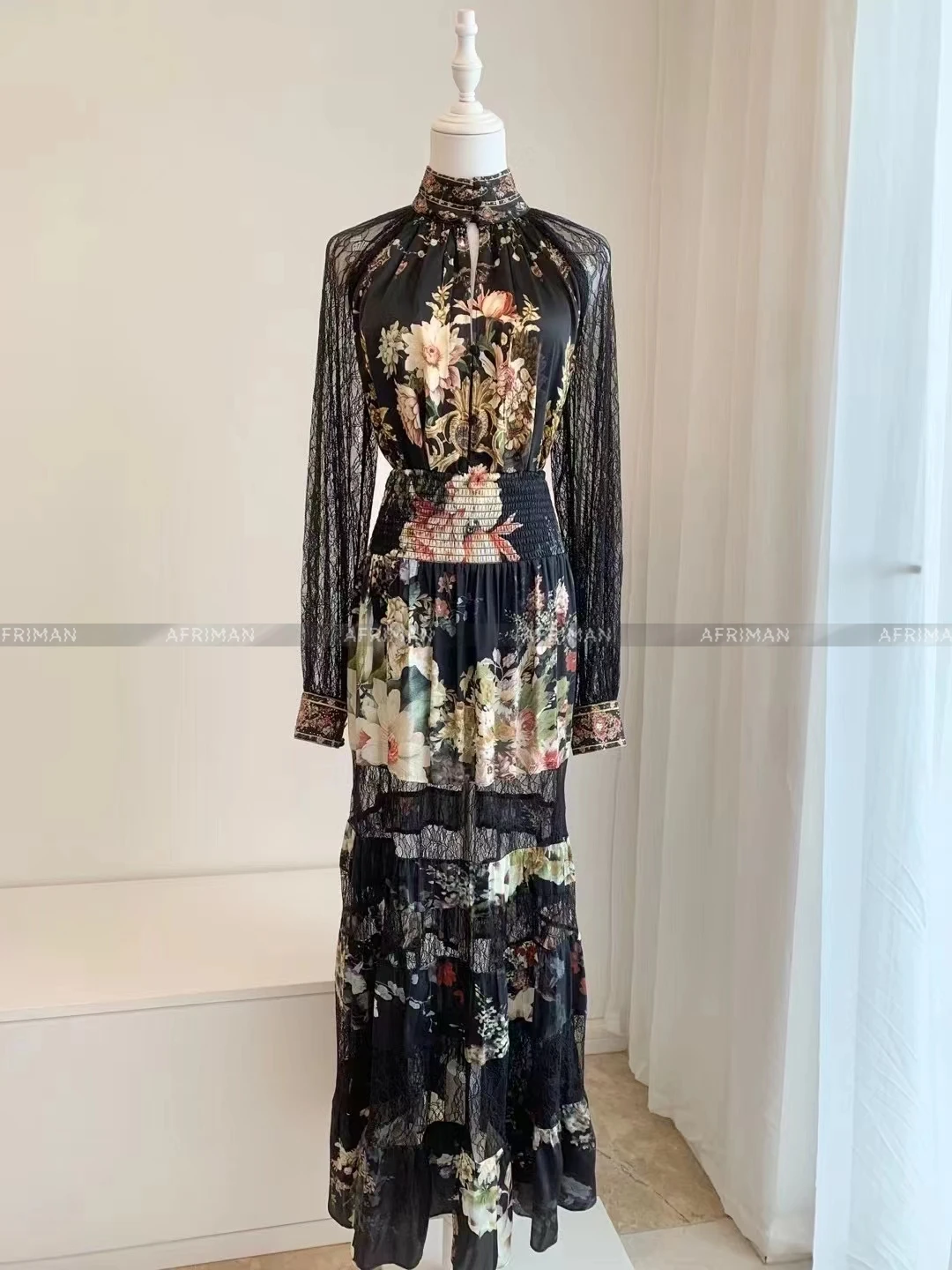 

Women Crystal Beaded High Neck Lace Embroidery Patchwork Flower Print Silk Shirt+ Elastic Waist Long Silk Skirt Set