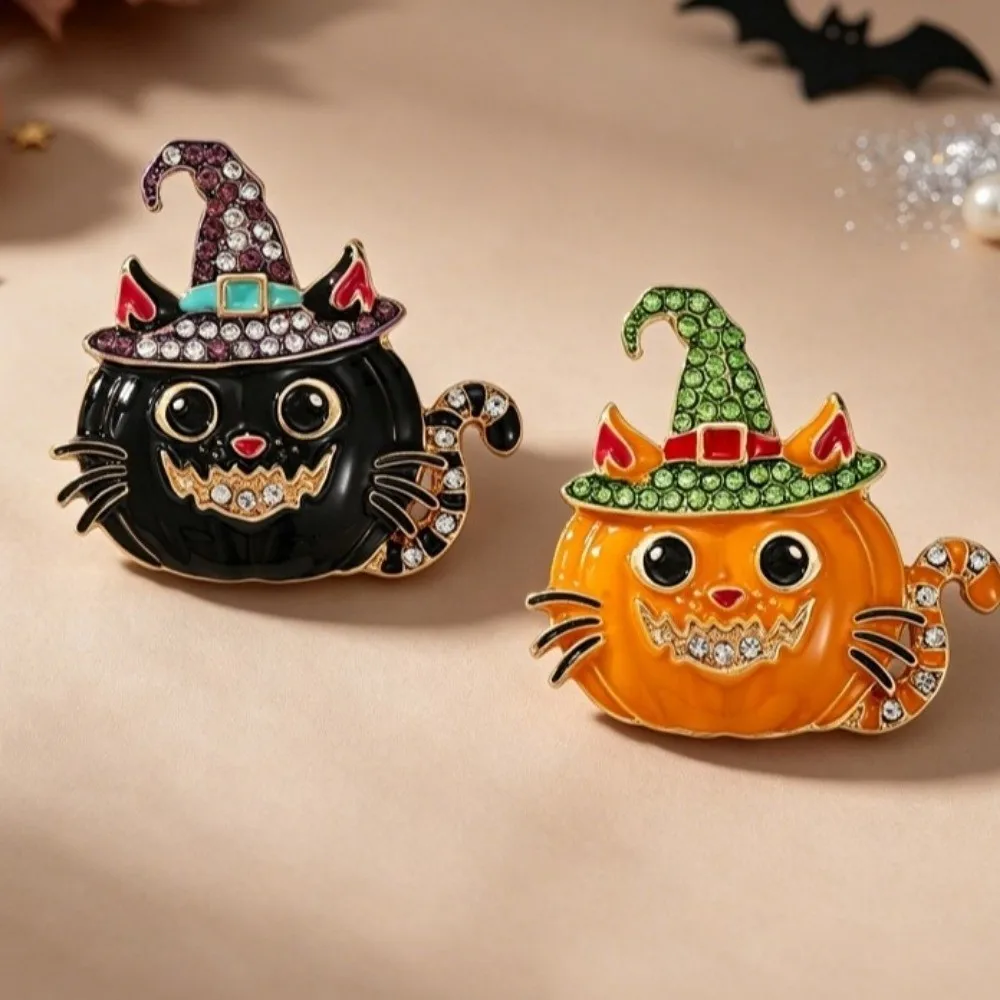 Halloween Cat & Pumpkin Enamel Brooch Pin with Witch Hat – detail image 6