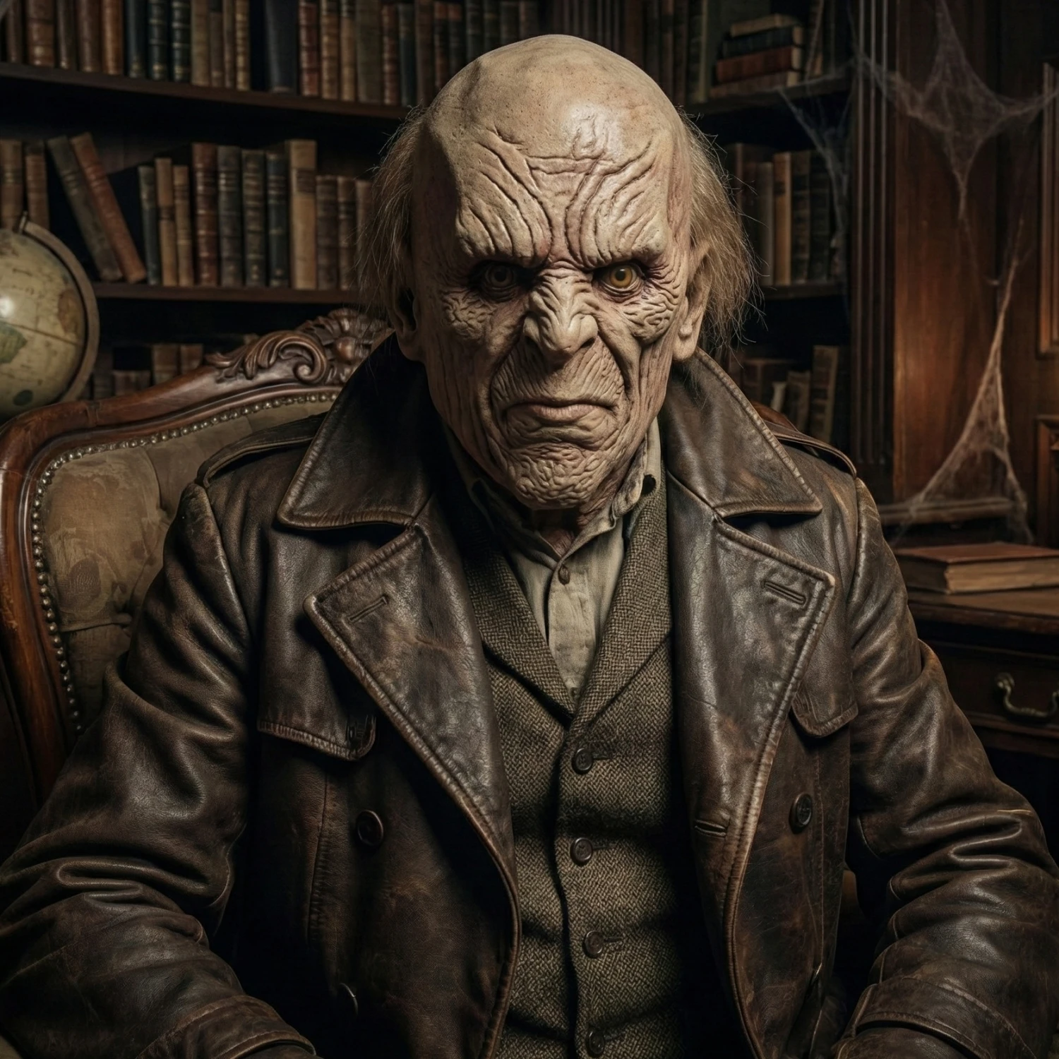 Gruselige, böse aussehende Maske eines alten Mannes, gruseliges, faltiges Gesicht, Latex-Kopfbedeckung, Halloween-Spukhaus-Requisite mit zartem Haar