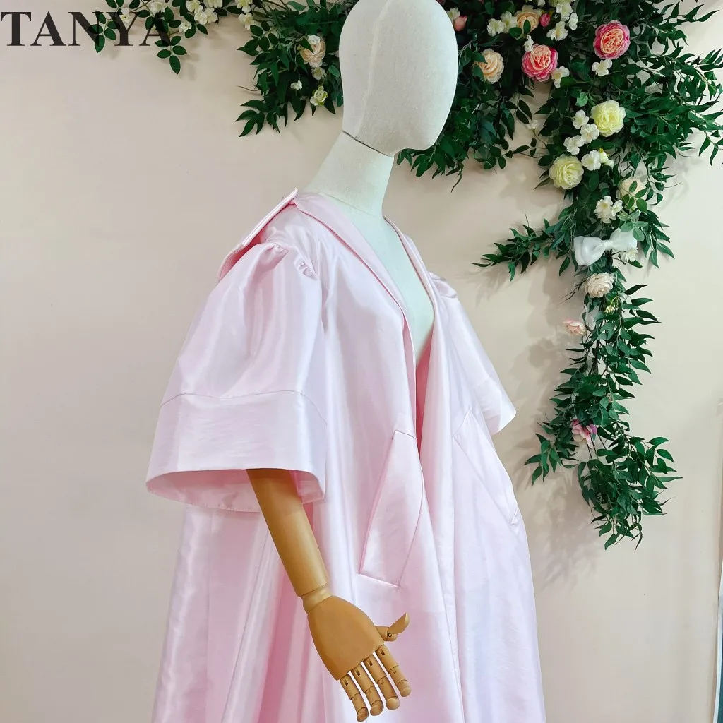 Capa larga de tafetán rosa para boda, media manga, cuentas, capa de noche, chaqueta larga, traje de corte A, abrigo para mujer, disfraz