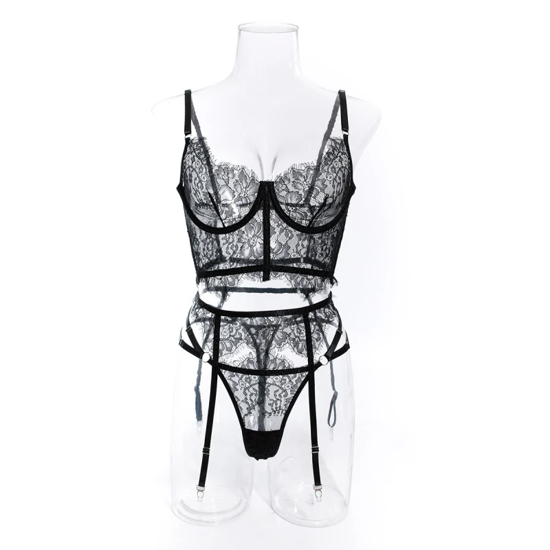 

Bikini lace fishbone corset with inner tank top, see-through shapewear women's lingerie three-piece set