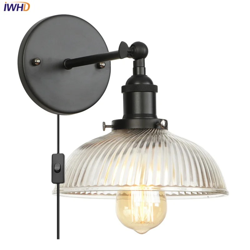 

IWHD Black Plug In LED Wall Lamps Bexroom vanity Reading Loft Industrial Vintage Style Iron Bedside Lamp Edison Glass Wall Light