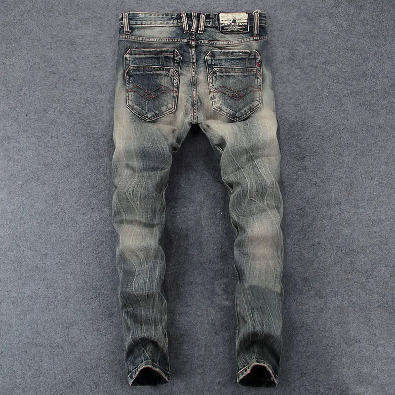 Italian Style Fashion Men Jeans Retro Washed High Quality Stretch Slim Fit Ripped Jeans Men Vintage Designer Buttons Denim Pants