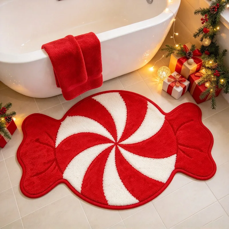 Christmas Candy Shaped Rug Creative Candy Design Bathroom Mat Plush Floor Mat for Bathroom Festive Atmosphere Decorative Carpet