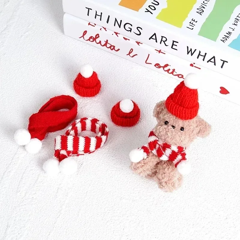 Mini Santa Knitted Hat & Scarf Small Christmas Costume for Cat Rabbit Doll Lollipop Bottle Cap DIY Xmas Party Dinner Decoration