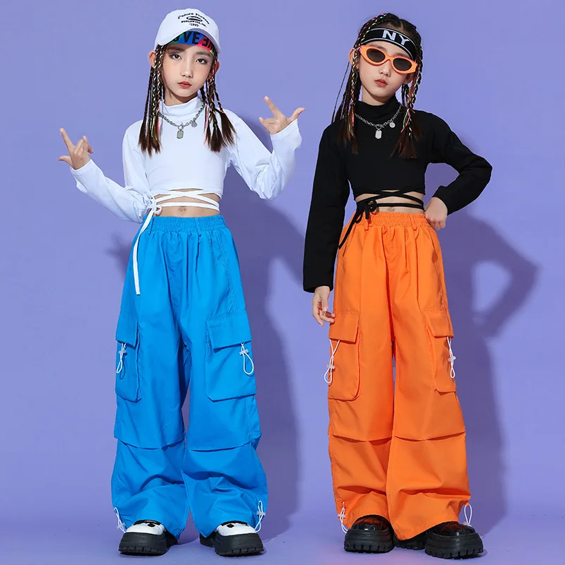 Kinder Hip Hop Kleidung 2Pcs Langarm Ausgesetzt Nabel Top Lose Hosen Street Dance Kostüm Mädchen Jazz Leistung Anzug