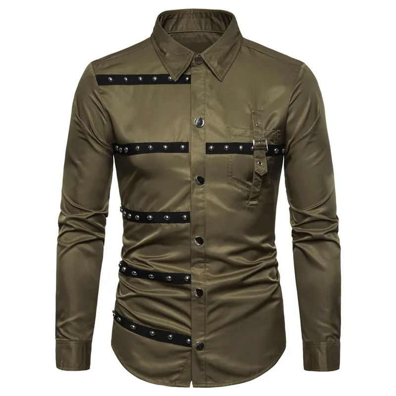 

Men's Punk Style Shirts With Rivet Slim Fit Stagewear Shirt Long Sleeve Night Club Wear Tops For Male