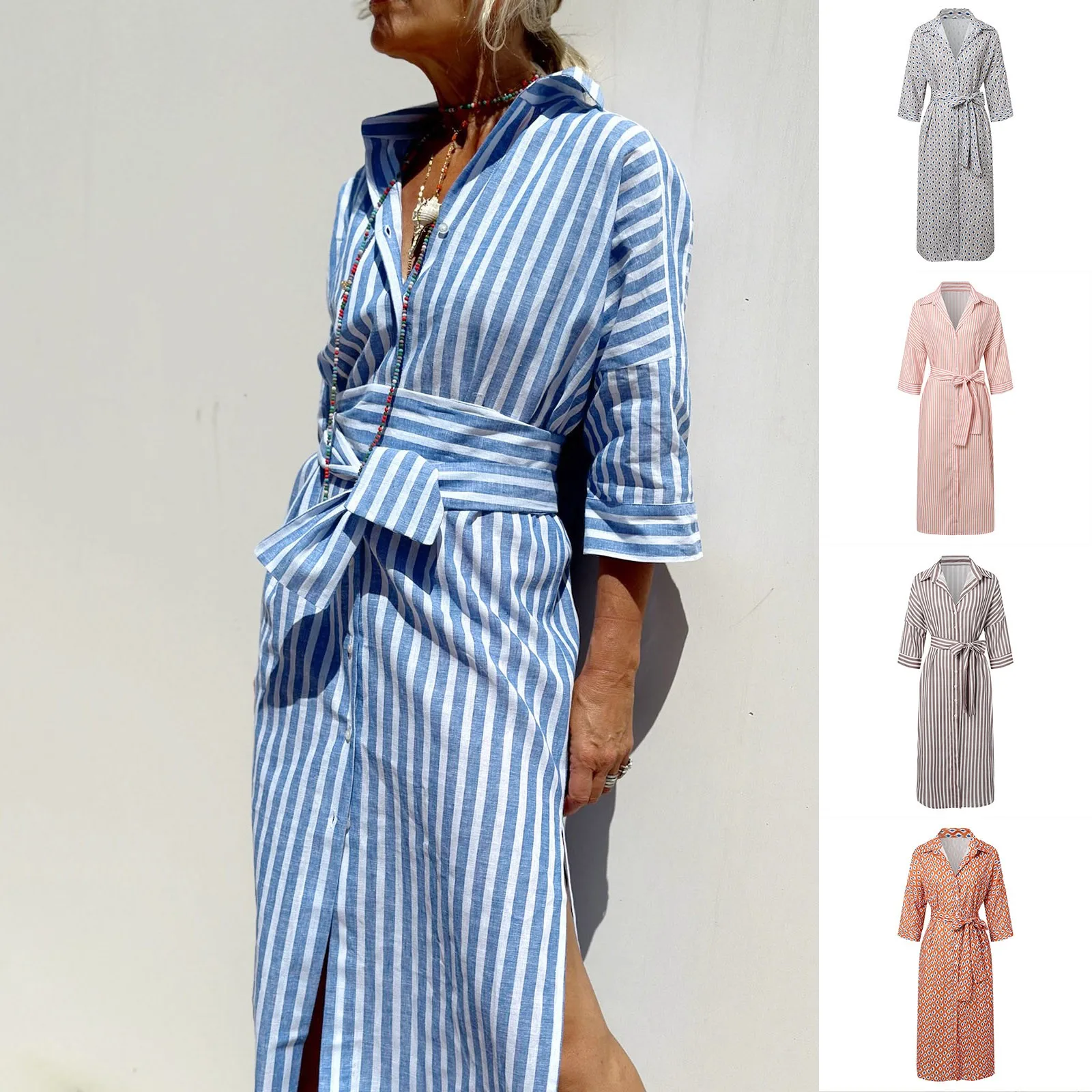 Donna Casual Fashion Classic Striped Button scollo a V camicia a maniche lunghe abito in lana abito formale Cover up per abiti da sera