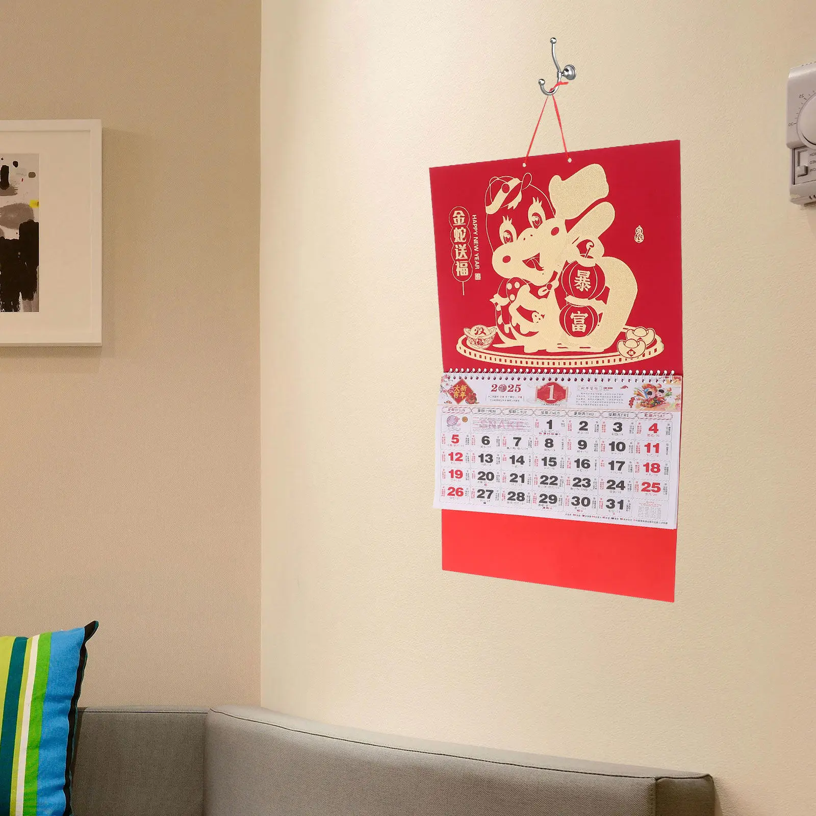 

2025 Year of The Snake Wall Calendar Large Chinese Style Red Gold Fu Character Lunar Hanging Calendar Chinese New Year Countdown