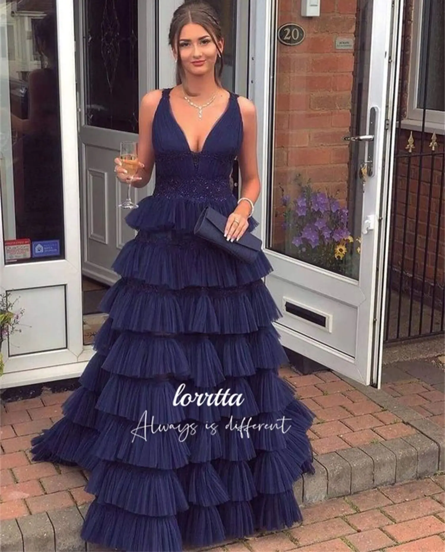 Lorrtta-vestido de coquetel azul marinho feminino, em camadas, decote v, linha A, vestido de formatura, baile, festa de casamento, vestidos de noite, elegante