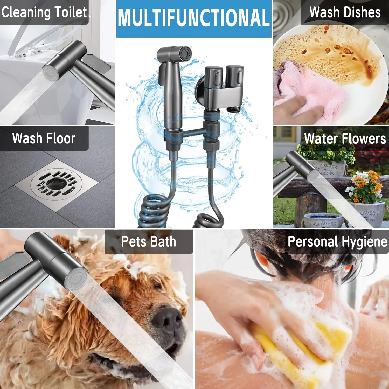 6-teiliges Hand-Toilettenset zur Wandmontage – Doppelsteuerventil, ausziehbarer Schlauch, drehbare Halterung, Badezimmer-Toilettenbegleiter