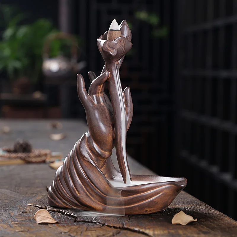 

Zen Buddha Hand Antique Handmade Leaf Backflow Incense Ceramic Home Ornaments Purple Clay Desktop Decor