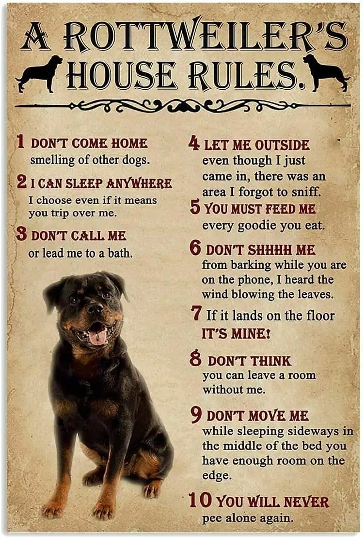 A Rottweiler'S House Rules Metal Tin Sign New Vintage Decor for Home Office Restaurant Garage Bar 8X12 Inch ALI sign