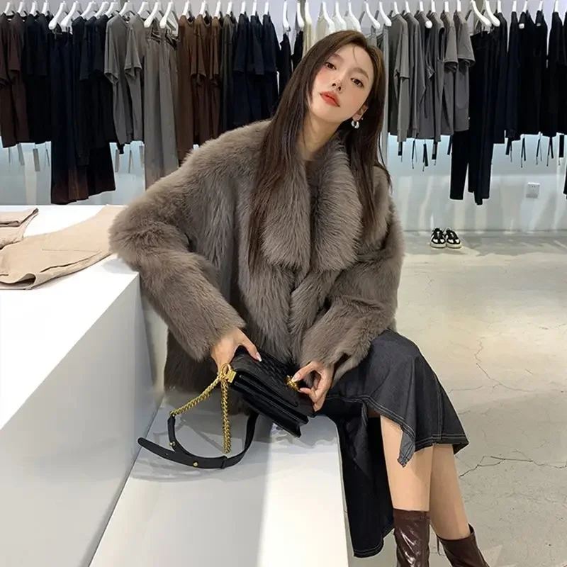 Winter New Women Temperament Faux Fur Coat Female Niche Trend Suit Collar Solid Color Outcoat Warm Casual Versatile Outerwear