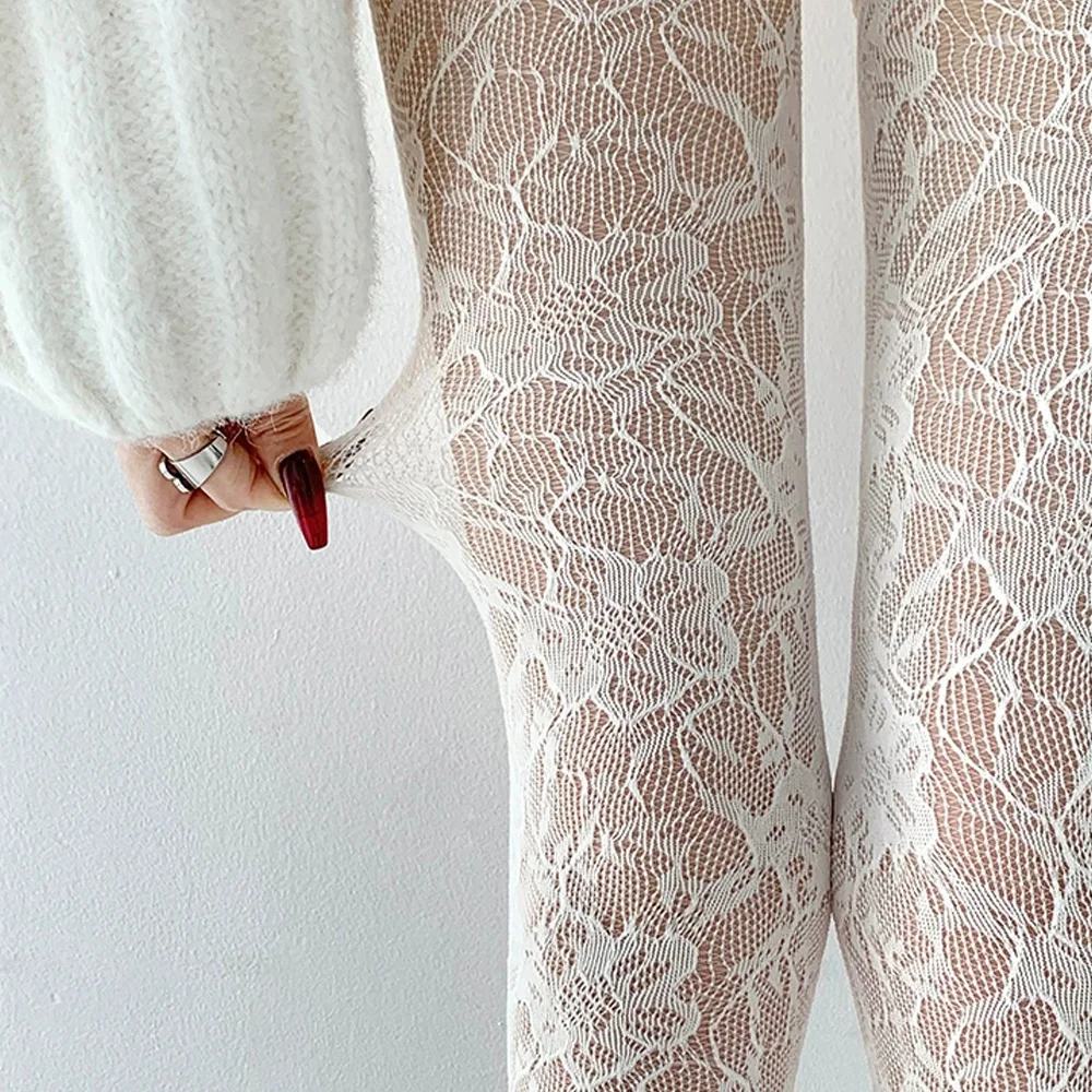 Damen Sexy Retro Blumenmuster Spitzen-Strümpfe Netz-Strümpfe mit Lochmuster Seidenstrümpfe Fischernetz-Spitze Atmungsaktive Strumpfhosen – Detail 4