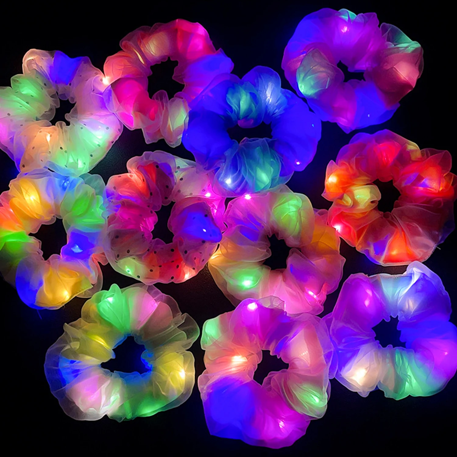 LED Luminous Large Intestine Hair Ring Creative Bar Disco Head Rope Korean Mesh Ponytail Holder Hair Ties Hair Accessories