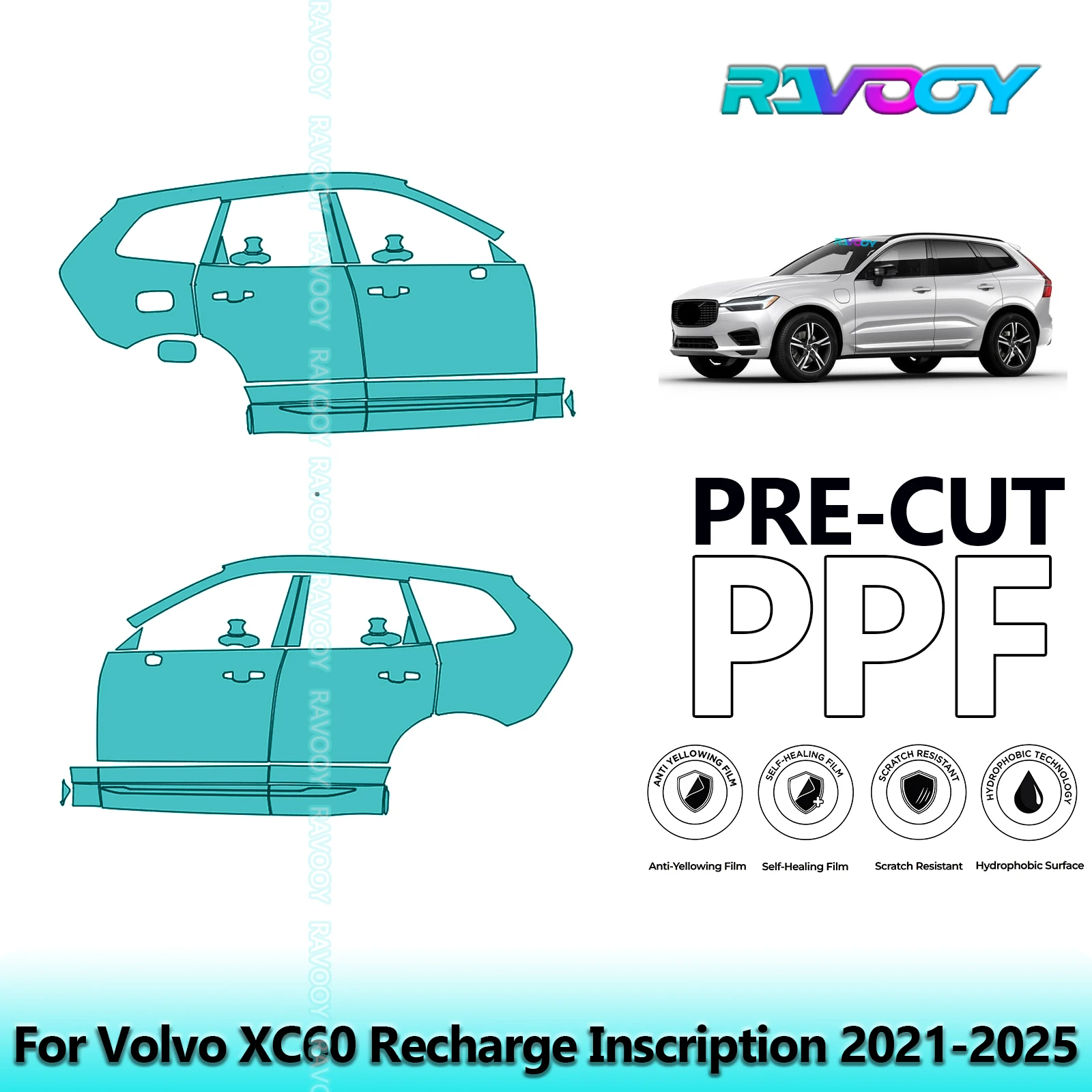 

For Volvo XC60 Recharge Inscription 2021-2025 8.5mil Clear Matte Pre-Cut PPF Door & A/B Pillar Kit TPU Paint Protection Film Set