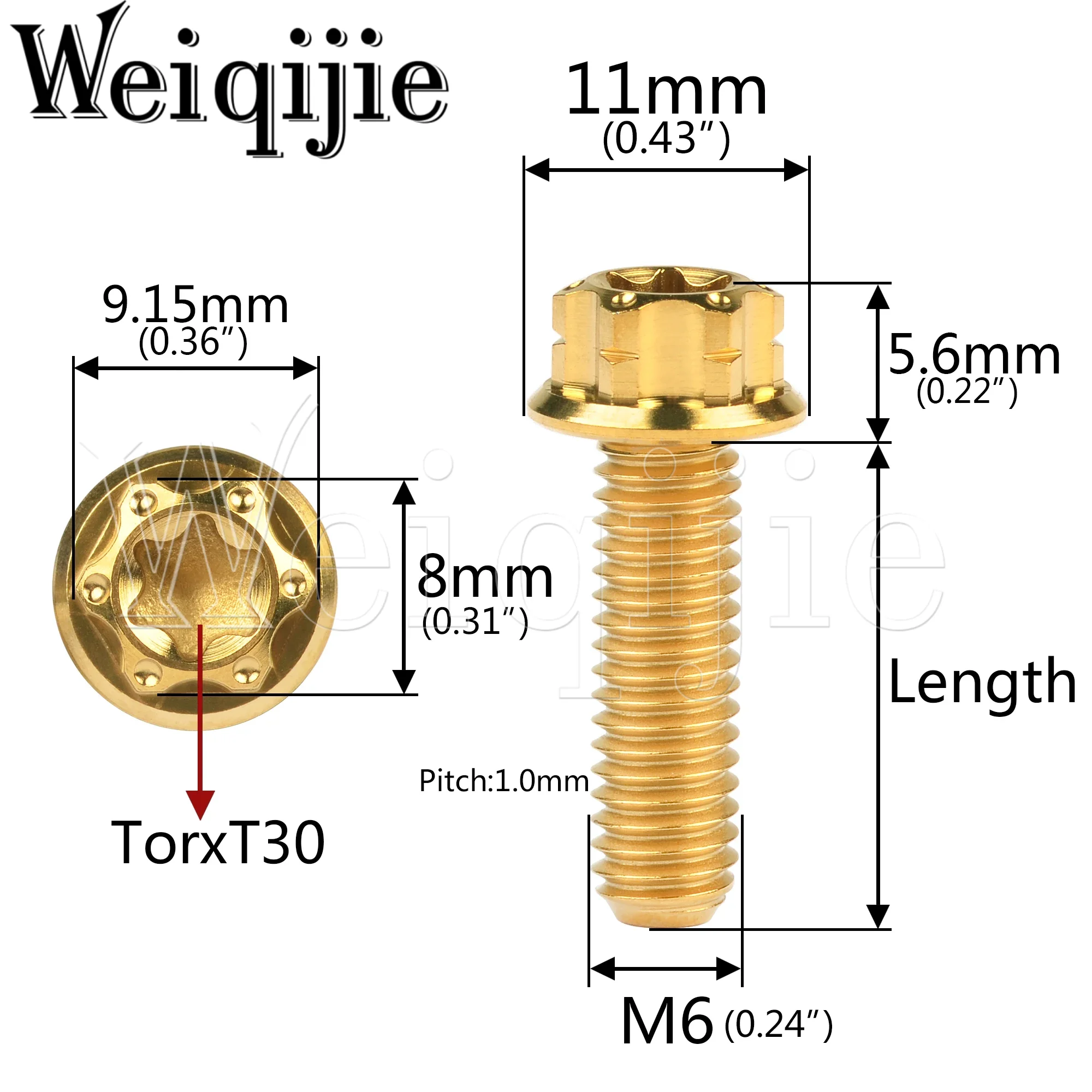 Weiqijie 6pcs Titanium Bolts M6 x10 15 20 25 30 35 40 45 50mm Torx 30 Flange Head Screws for Motorcycle