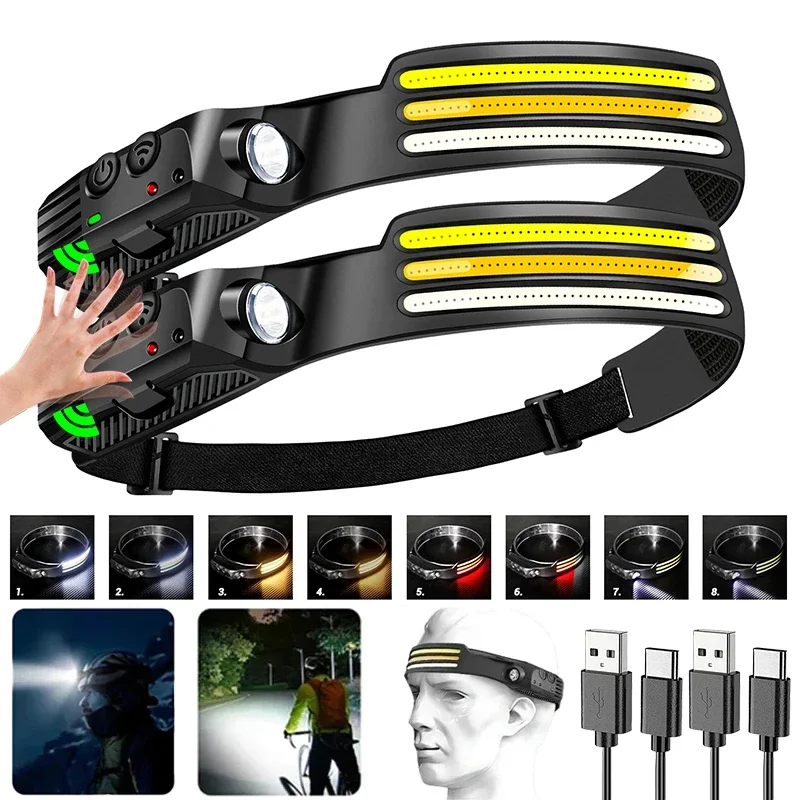 

1-10Pcs Tricolor LED Sensor Headlamp Built-in Battery USB Rechargeable Head Flashlight Outdoor Camping Fishing Emergency Lamp