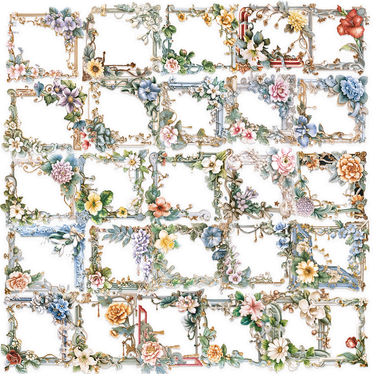 50 szt. Kwiatowe Ramki na Zdjęcia Kreatywne Naklejki Dwustronne PET DIY Dekoracyjne na Obudowy Telefonów, Biurka, Kaski, Wodoodporne Naklejki na Prezent