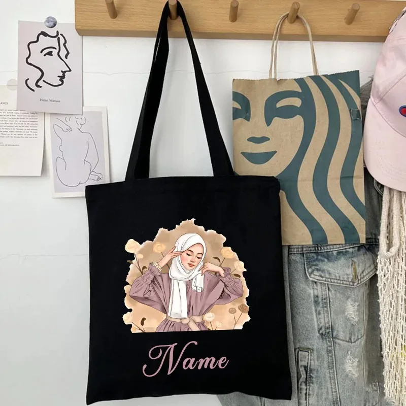 Personalized Eid Al Fitr Tote Bag for Ladies Custom Name Shopping Handbags Large Capacity Travel Luggage Clutch Cloth Totes