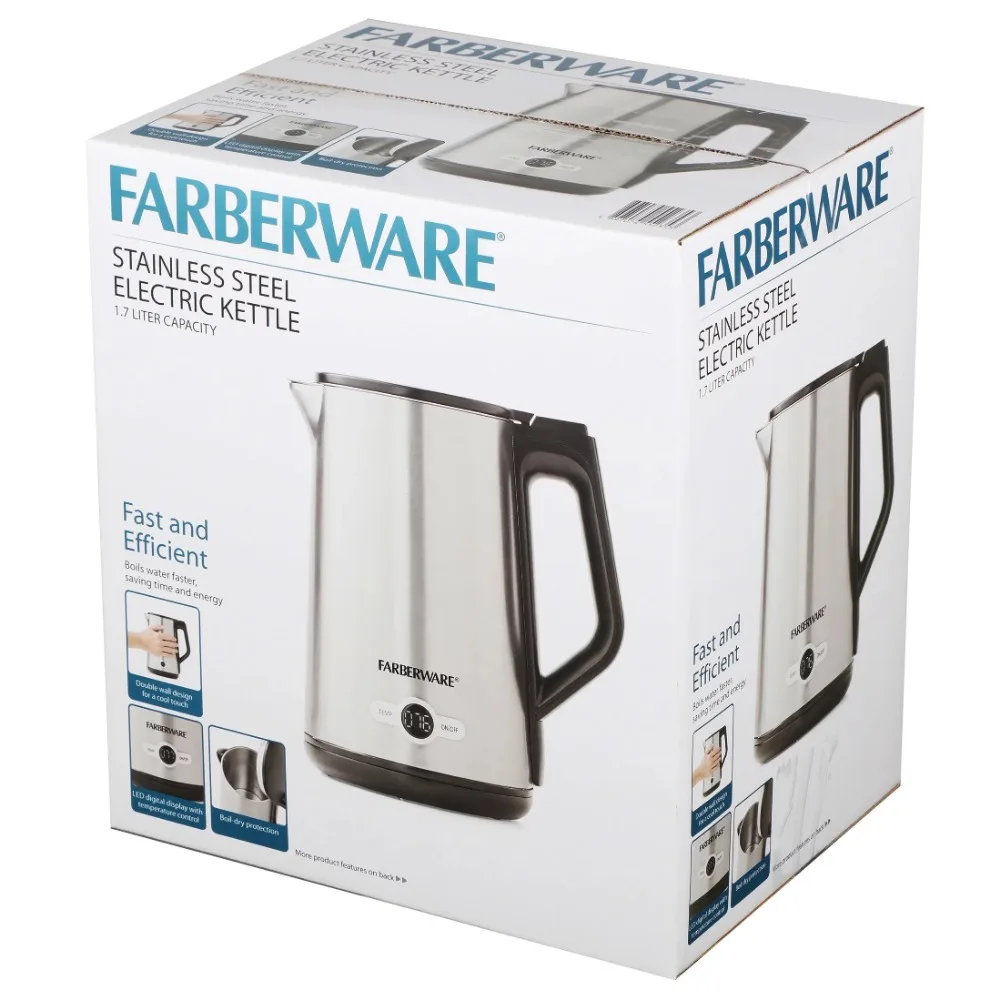 Farberware-Hervidor eléctrico de 1,7 litros, acero inoxidable de doble pared y negro