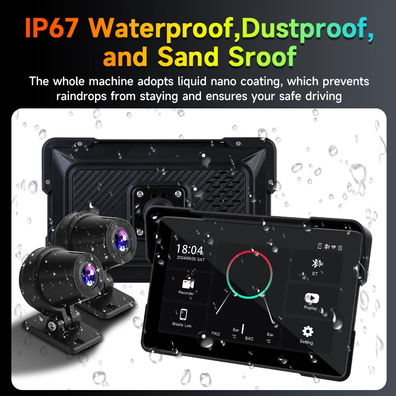 5\'\' Motorcycle 2K HD DVR Portable GPS Navigation Wireless Carplay Android Auto IPX7 Waterproof Screen Bluetooth Dual Lens Moto