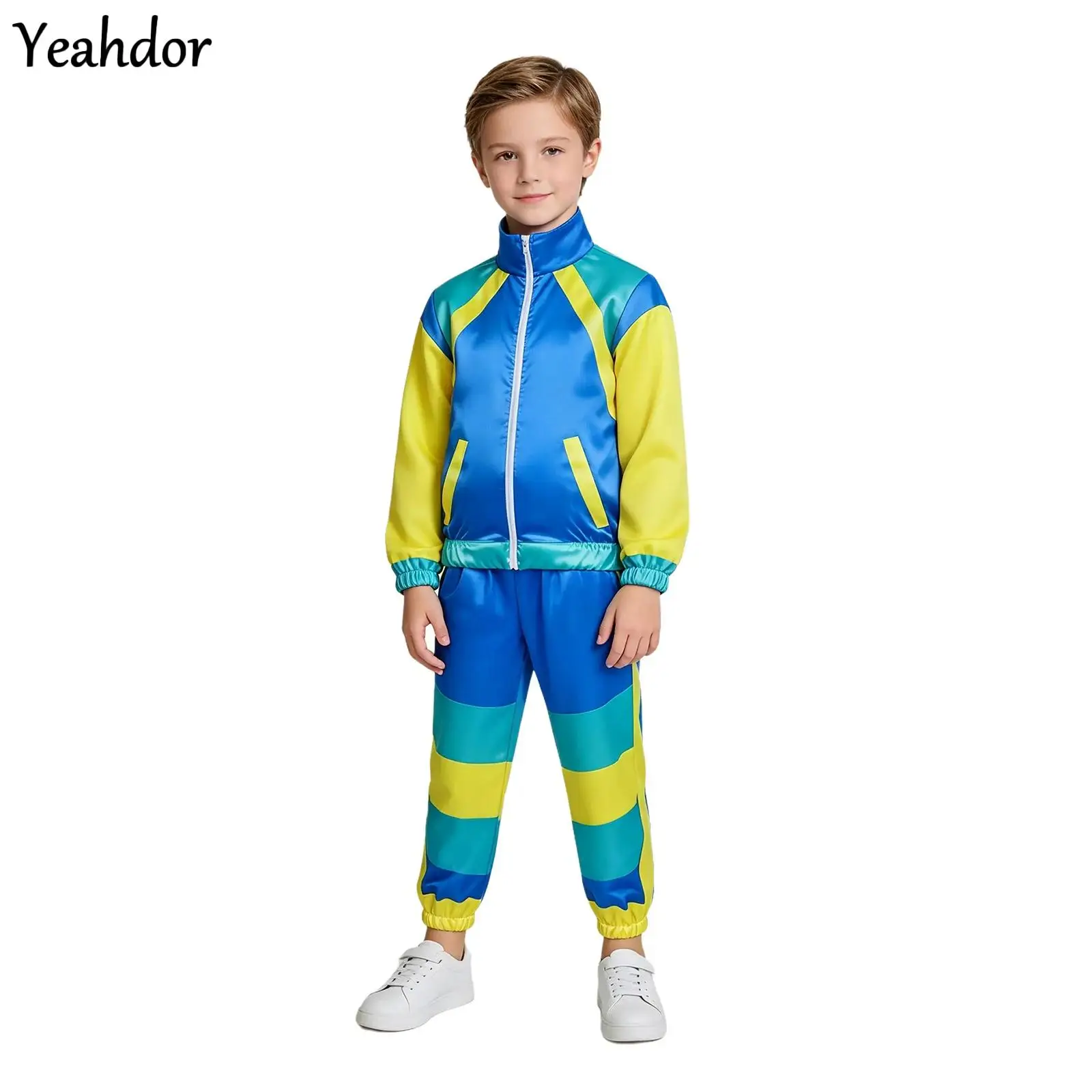 Disfraz Disco Hippie de los 80s y 90s para Niños y Niñas, Traje Retro Hip Hop para Adolescentes, Chaqueta Deportiva Vintage con Pantalones y Diadema para Fiesta de Carnaval