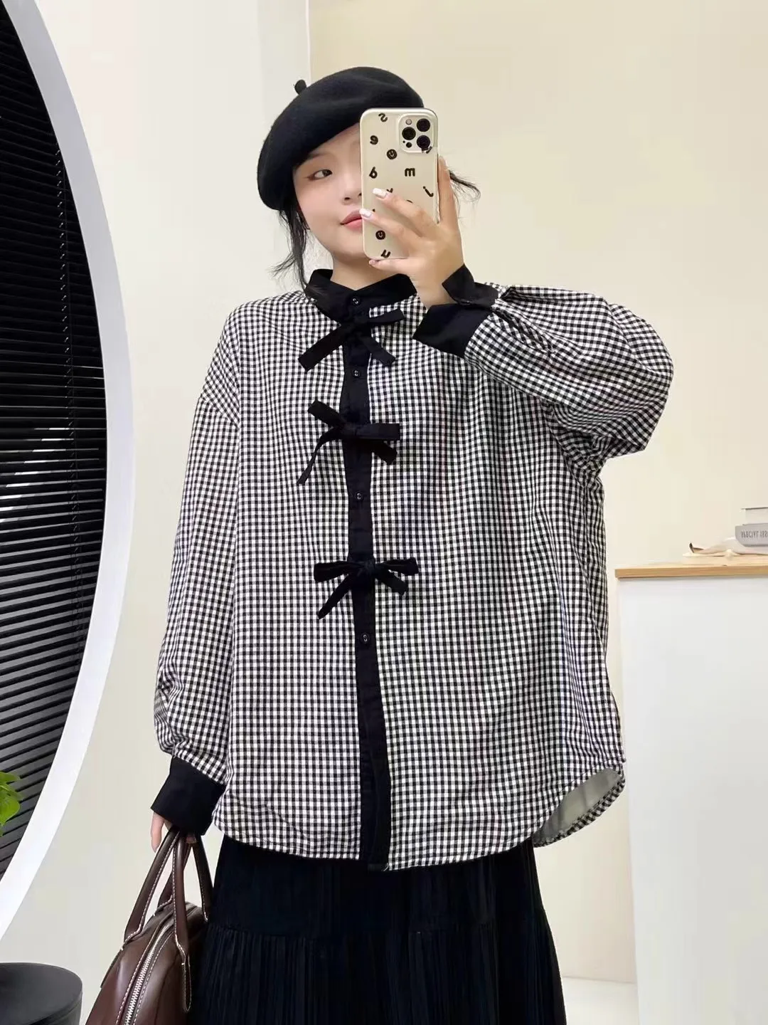 Hoge kwaliteit dames 100% katoenen blouse shirt geruite fleece lange mouw OL elegant shirt dames strik sluiting 2025 top shirts
