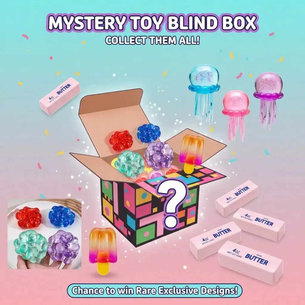 

Mystery Squish Blind Box, Butter Bar Popsicle Grape & Glitter Jellyfish Clear Soft Squeeze Toy, Rare Exclusive Design Available, All-Ages Collectible Surprise Gift Pack