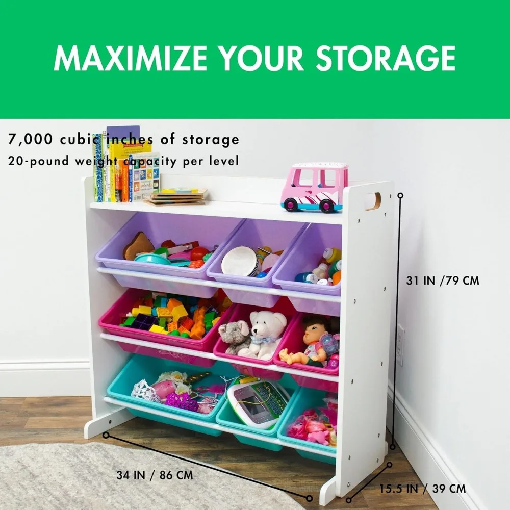 منظم تخزين ألعاب الأطفال مع 9 صناديق قابلة للإزالة، رف كتب أبيض/وردي/أرجواني/أكوا لغرف اللعب والحضانات