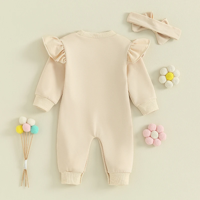 0-12M Newborn Baby Girls Jumpsuit Spring Fall Outfits Long Sleeve Solid Color Ruffle Jumpsuit with Headband Set Infant Clothes