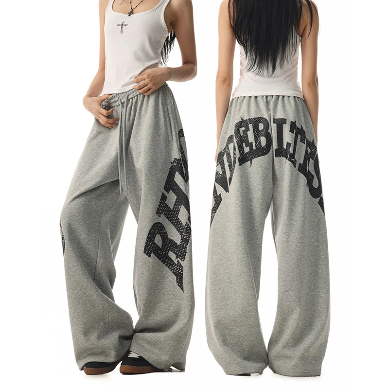 

ZHIZOU American Retro Y2K 2000s Gothic Letter Printed Sports Pants Women Summer High Street Hip-hop Jazz Dance Wide Leg Pants