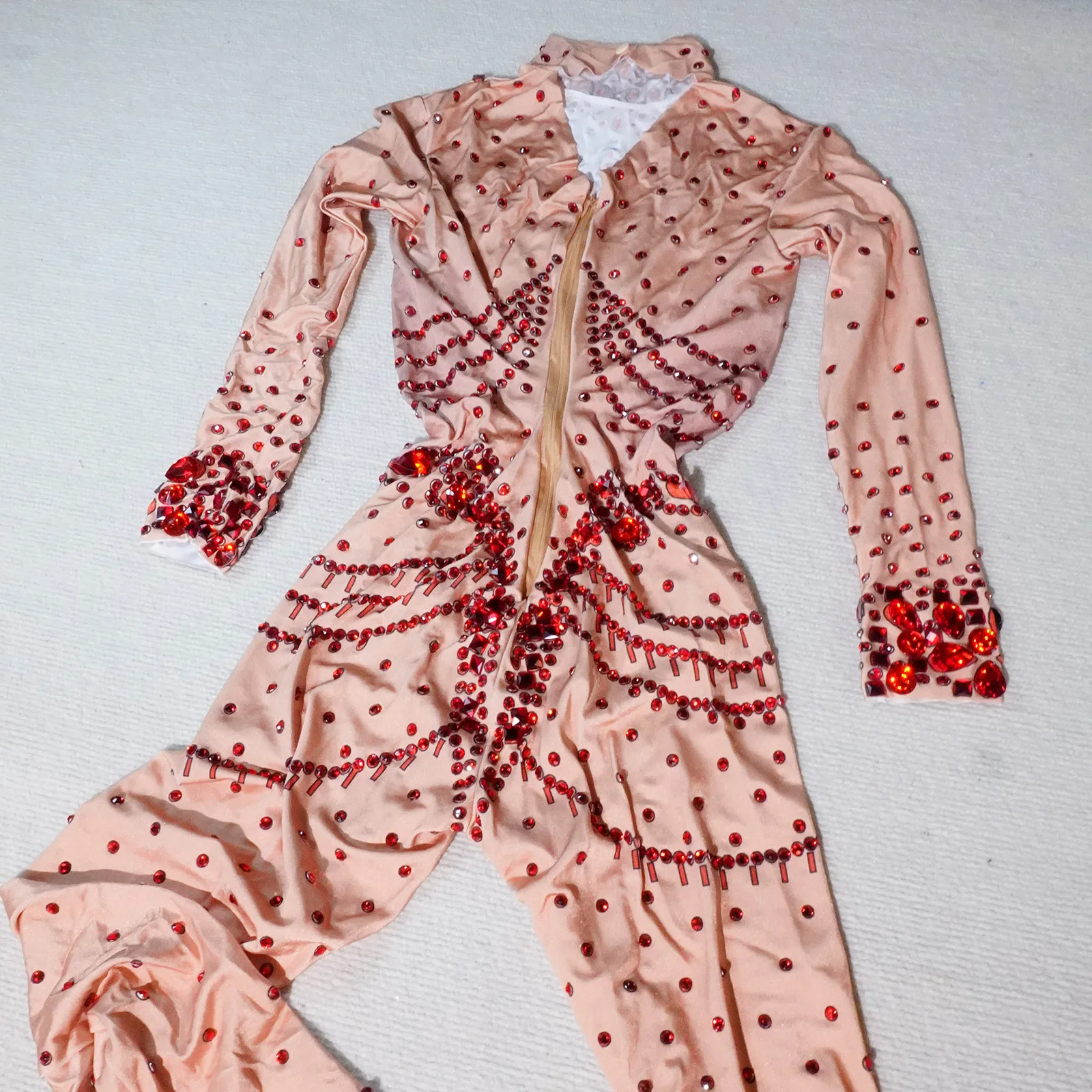 Combinaison en cristal rouge scintillant, manches longues, sexy, club, fête d'anniversaire, justaucorps, spectacle de pole dance, costumes drag queen de célébration