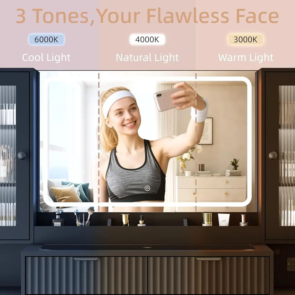 55 LED-lit Vanity Desk with 3-Color Mirror, 8 Drawers & 4 Cabinets, Tempered Glass, Charging Station - Matte Black image 4