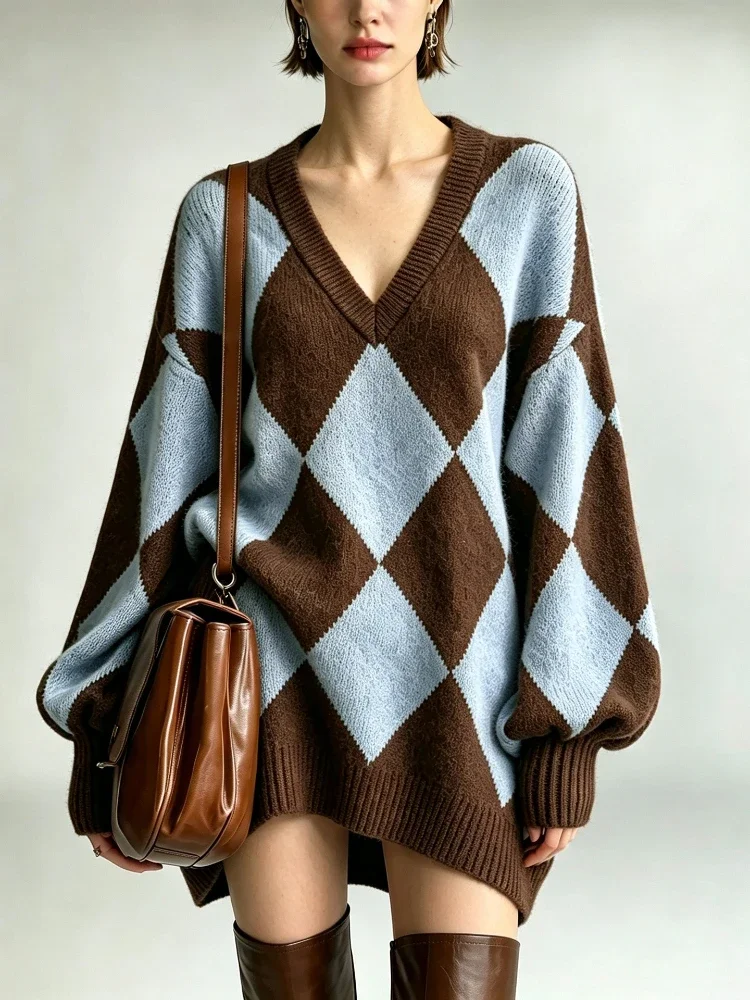 New Spring Autumn Women's Knit Argyle Pullover V- Neck Long Sleeve Tops Fashion Elegant Sweater for Women Loose Casual Clothing