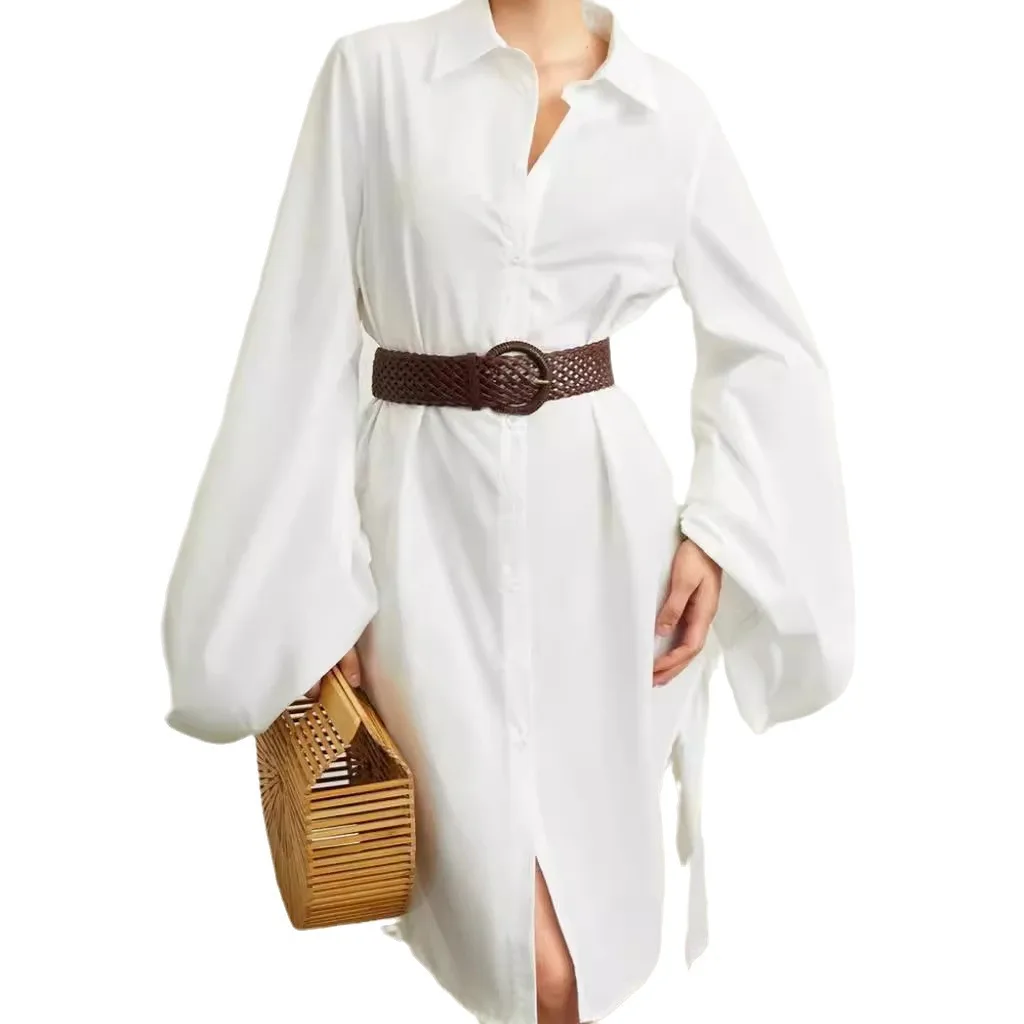 

2025 New Fashion Slim Button-up Shirt Dress Women Summer Casual Loose Solid Color Slit Pile Sleeve Dresses For Women