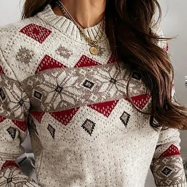 European  Autumn and  Winter  Geometric  Diamond  Grid  Contrasting Sweater  Warm  Knit  Sweater Round Neck Top Women's Clothing