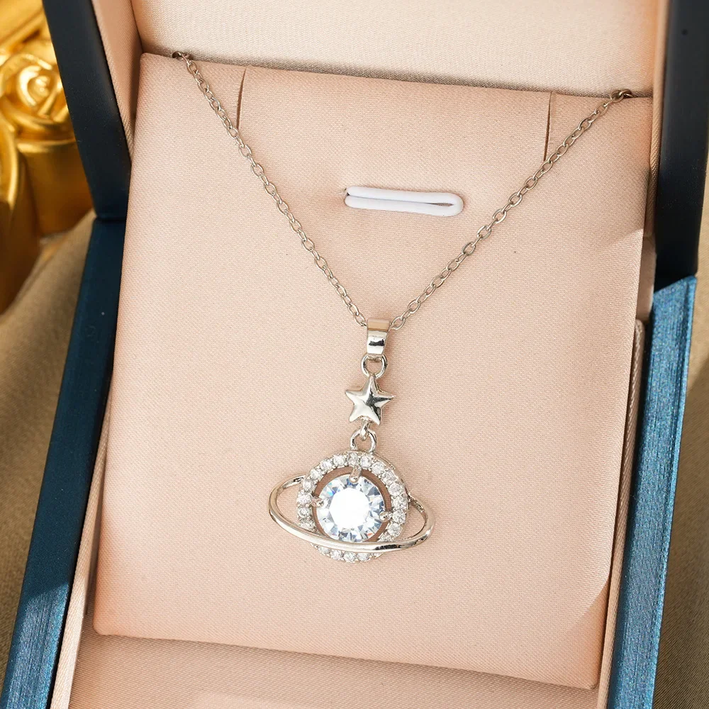 

And the elegant Zircon star collarbone chain planetary titanium steel necklace, a light luxury for women, with a niche design