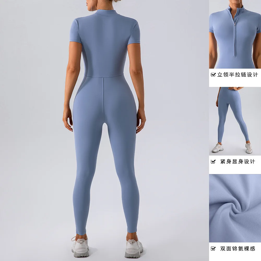 Tute da donna Manica corta Yoga Sottile Slim Fit Stretch One Piece Pagliaccetto Fitness sexy Abbigliamento sportivo femminile Cerniera stretta da donna