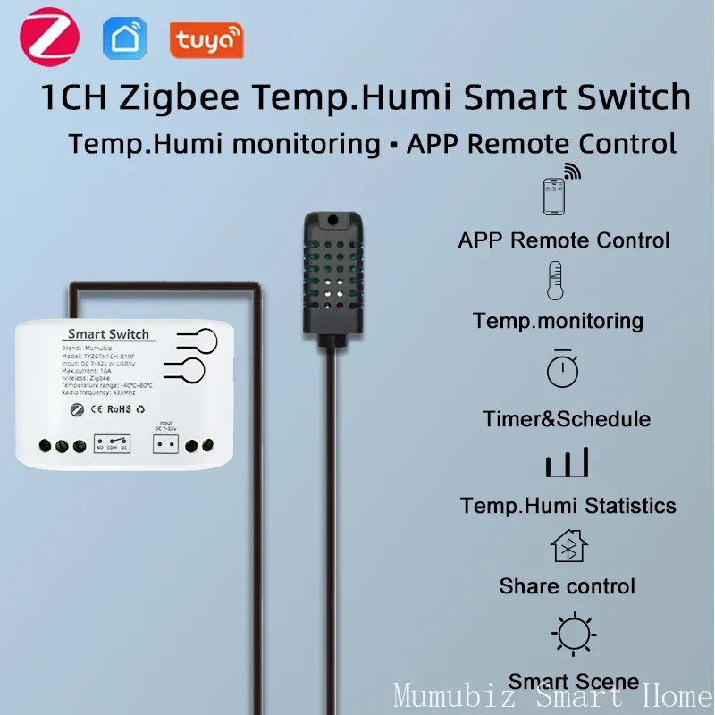 Mumubiz Zigbee 1-voudige slimme schakelaar met temperatuur-vochtigheidssensor, Tuya Smart Life APP, passief droog contactrelais Match Alexa