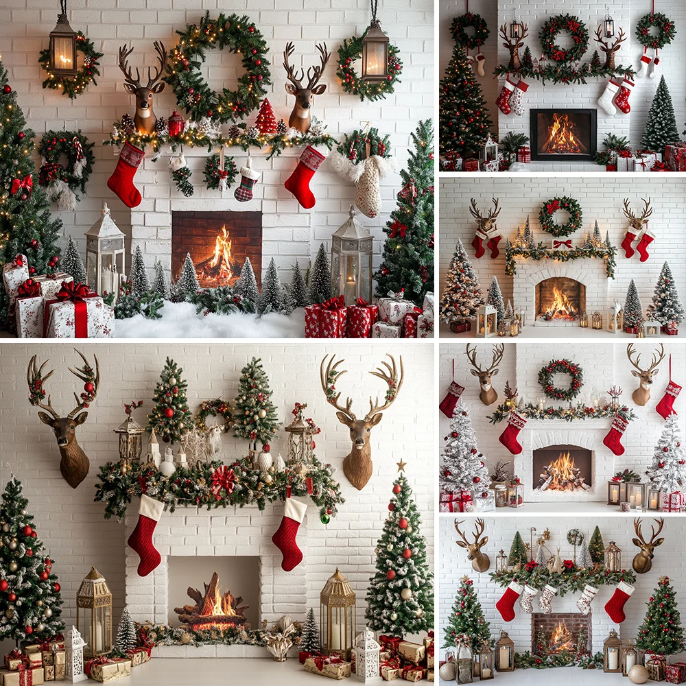 

Christmas Party Decor Backdrop Christmas Fireplace New Year decoration Banner Santa Claus Holiday Gift Decor Backdrop