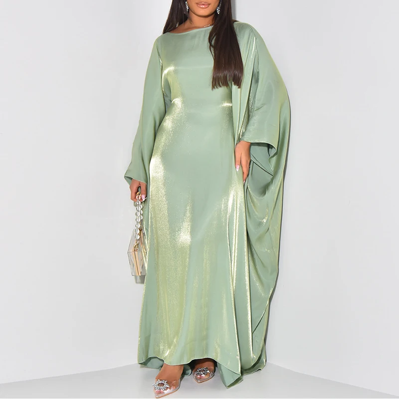 

Summer Loose Pleated Robe Dresses New Casual O Neck Satin Women's Long Dress Fashion Batwing Sleeves Solid Color Commuting Dress